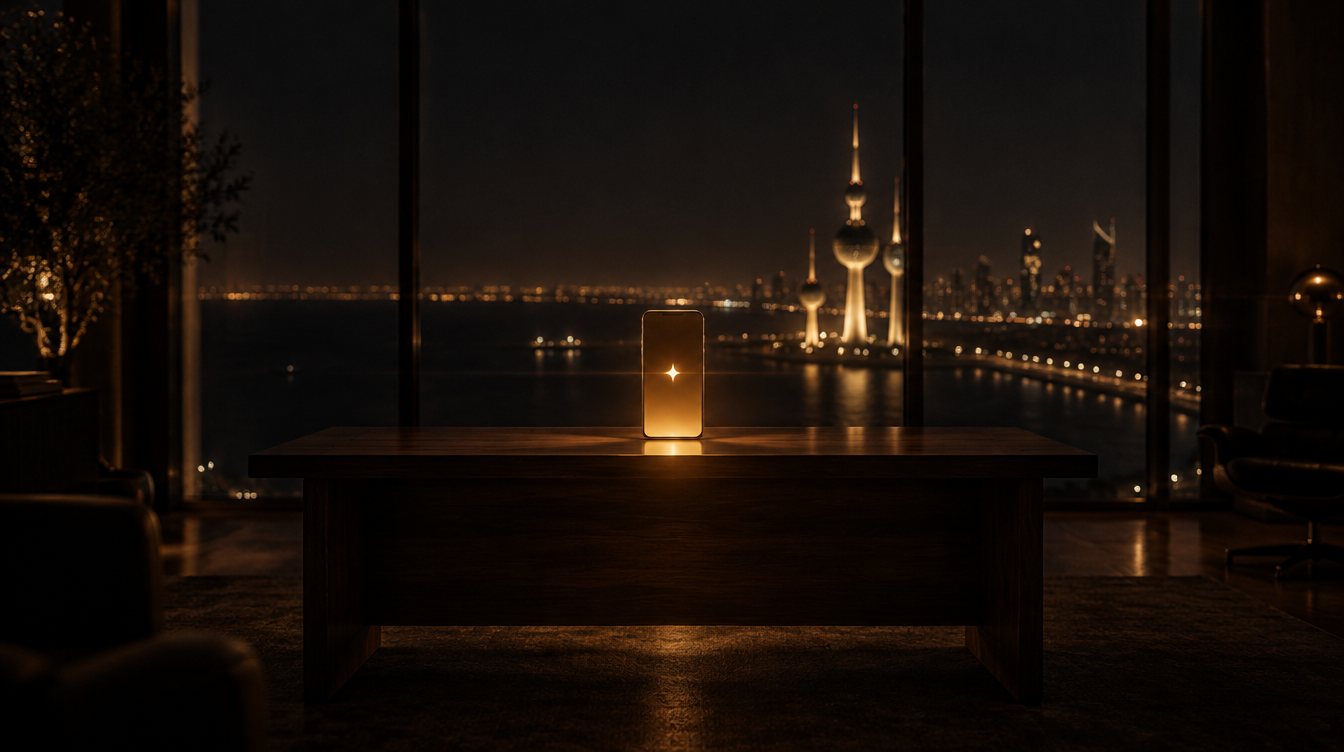 استوديو مظلم ليلًا وأبراج الكويت تلمع خلف النافذة، وهاتف مضيء على المكتب